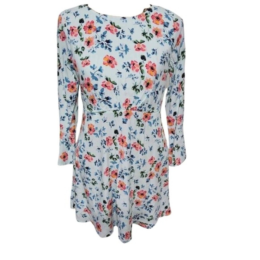 Loft Floral Print Long Sleeve Mini Dress‎ White Pink Blue Cottagecore Size 0 New